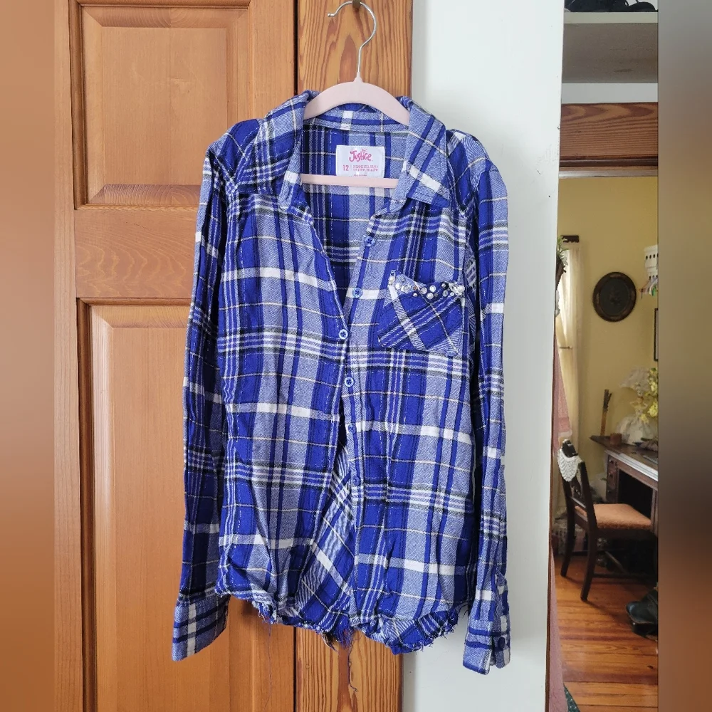 NWOT Justice Girls Blue White Black Pink Plaid Button-Up Shirt 12 Embellished